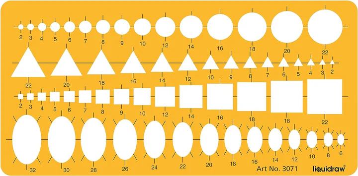A template made of orange plastic with many little cutouts of different geometric shapes.